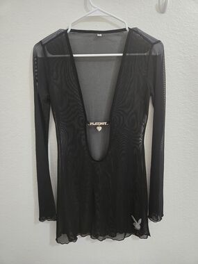 Playboy | Black Sheer Deep-V Long Sleeve Mesh Swim Cover